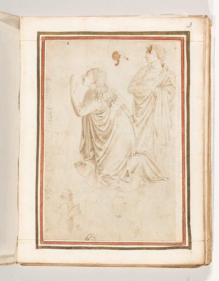 Folio uit het Gozzoli-album: twee treurende figuren uit een Kruisiging, knielende vrouw en staande man. Linksonder een knielende monnik, zijn hoofd herhaald