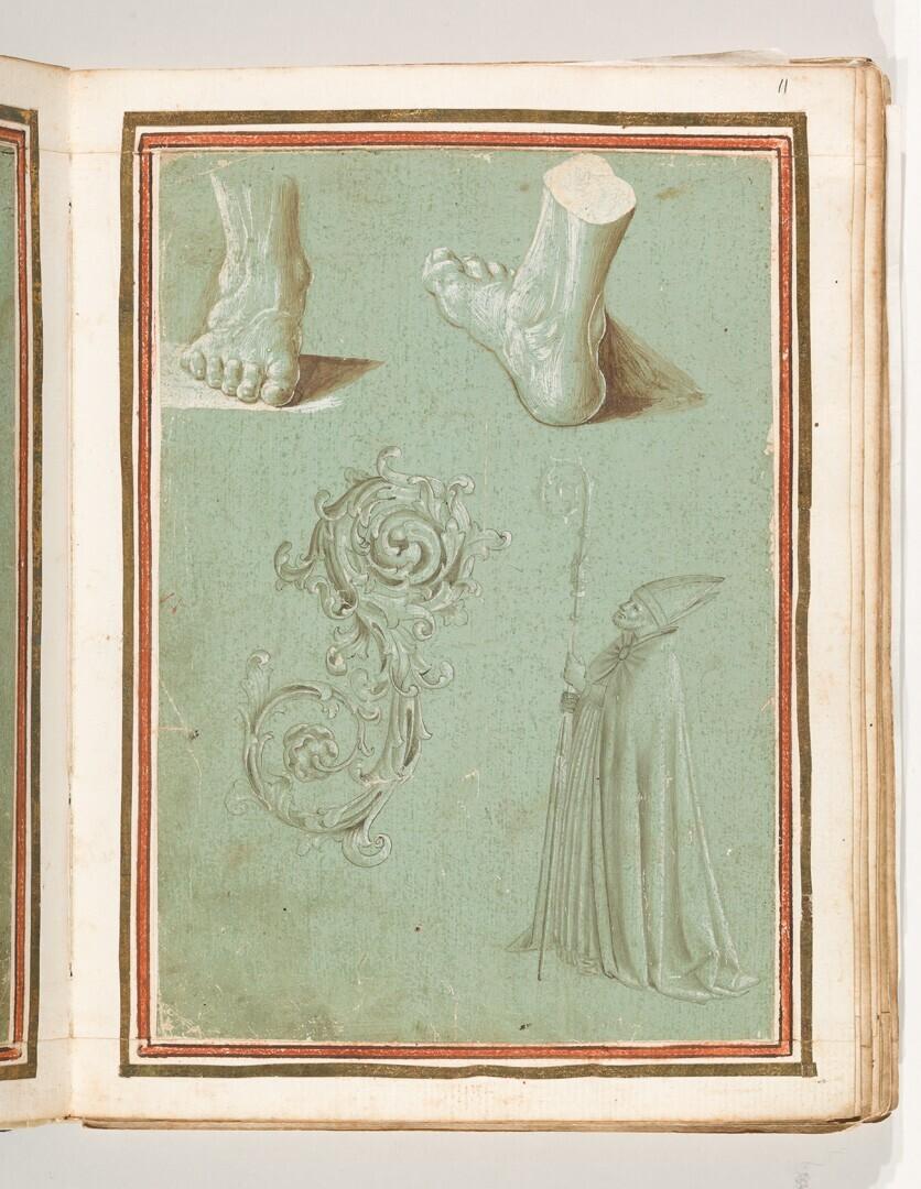 Folio uit het Gozzoli-album: twee studies naar een gipsafgietsel van een voet, ornamentale rank, staande bisschop met staf
