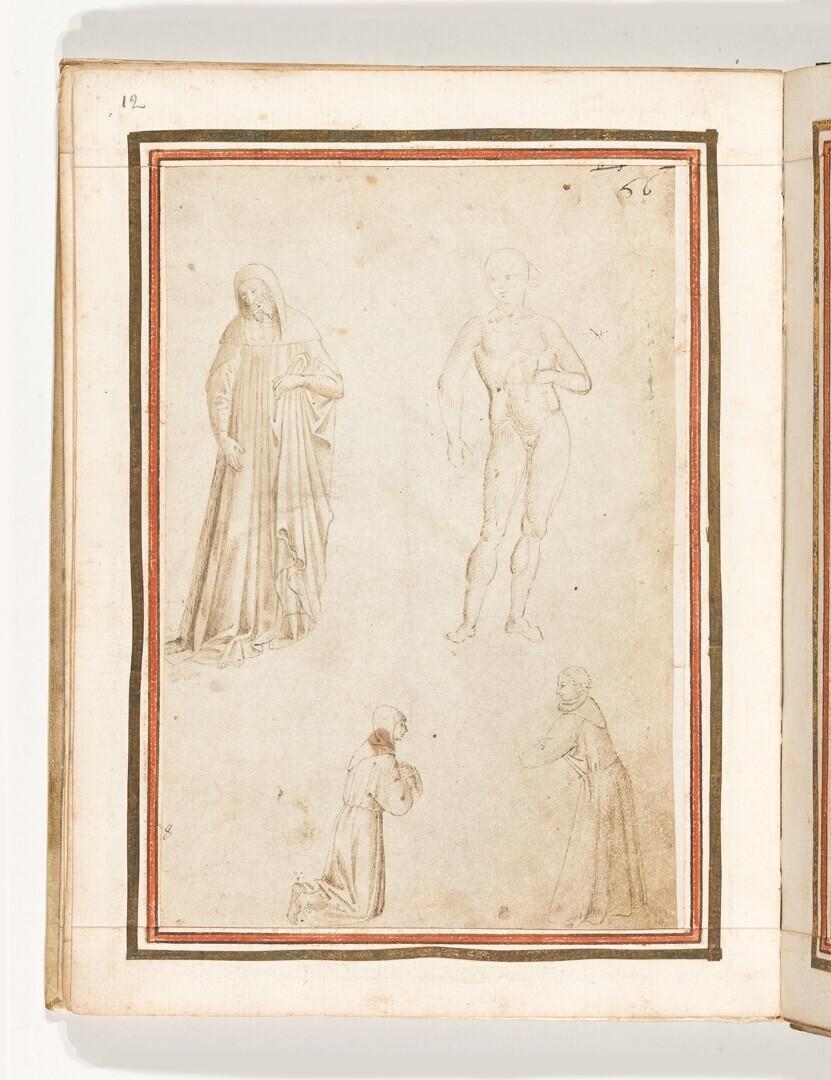 Folio uit het Gozzoli-album: staande persoon, gekleed en naakt, twee knielende monniken