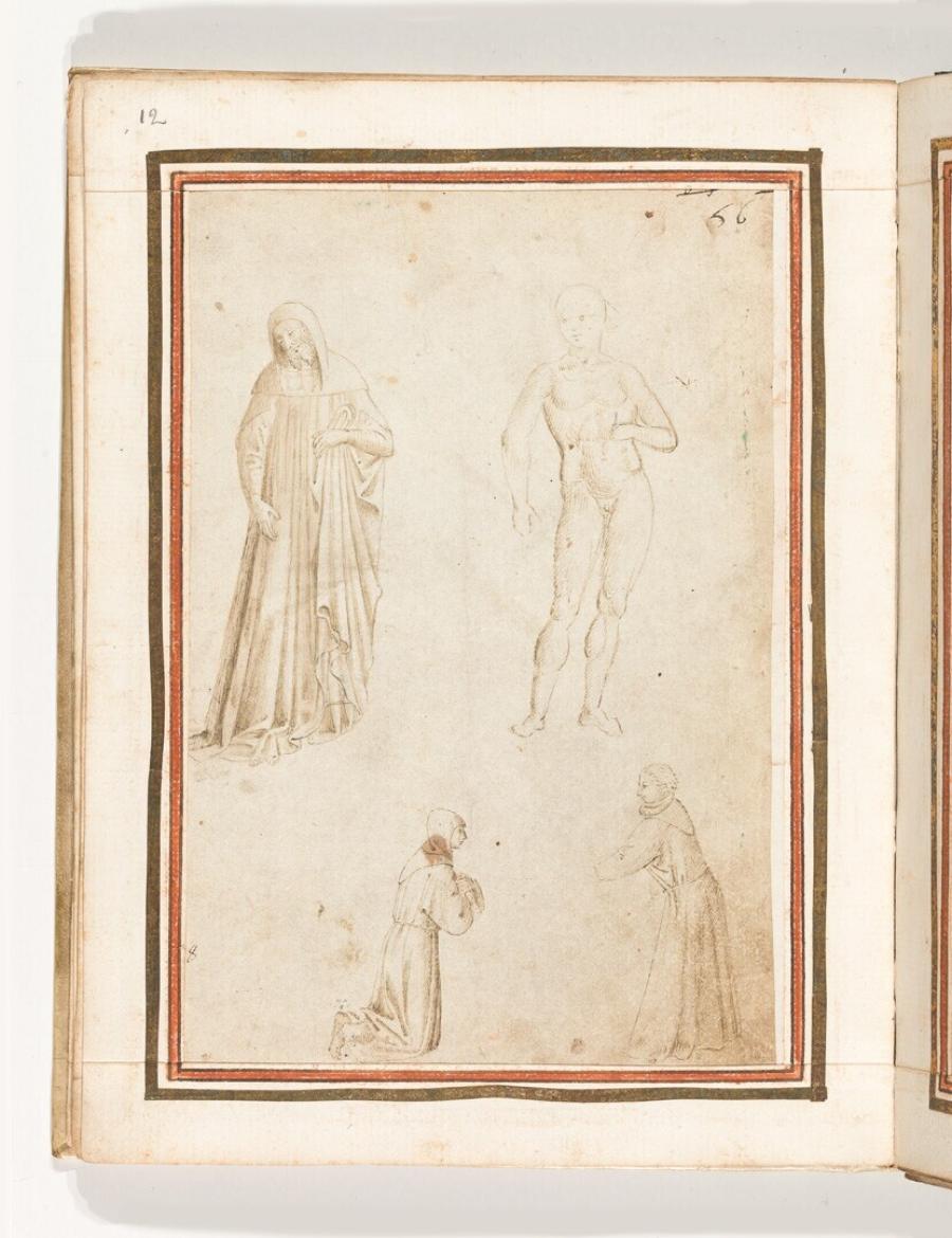 Folio uit het Gozzoli-album: staande persoon, gekleed en naakt, twee knielende monniken