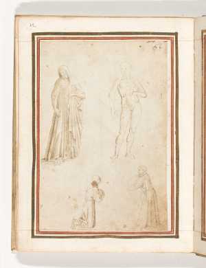 folio-uit-het-gozzoli-album-staande-persoon-gekleed-en-naakt-twee-knielende-monniken