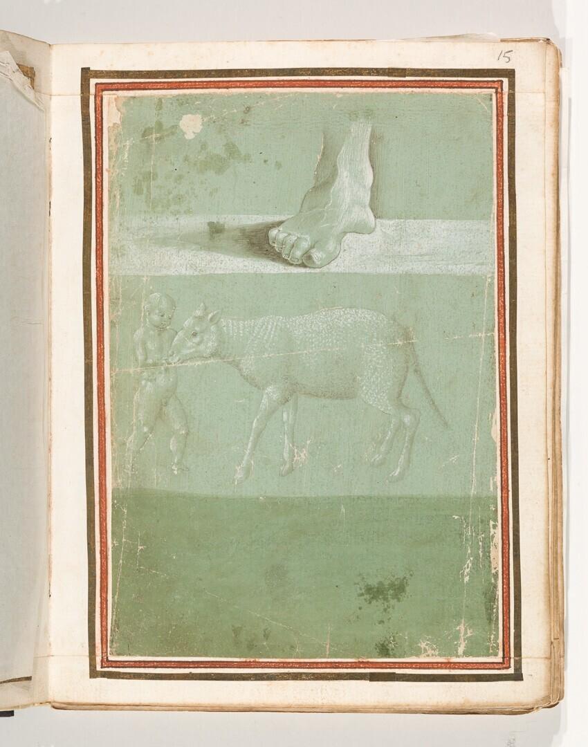 Folio uit het Gozzoli-album: studie naar een gipsafgietsel van een voet, kind dat een schaap voert