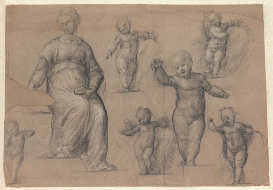 Zes studies voor het Christuskind en een voor de zittende Maria in 'Het mystieke huwelijk van de heilige Catharina'