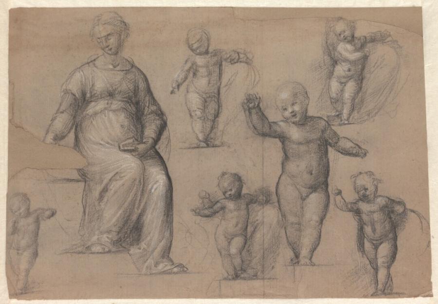Zes studies voor het Christuskind en een voor de zittende Maria in 'Het mystieke huwelijk van de heilige Catharina'