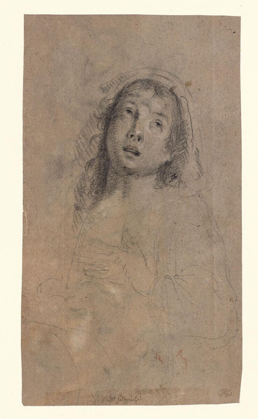 Halffiguur van opkijkende vrouw