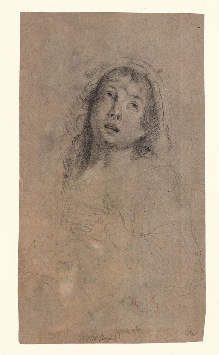 Halffiguur van opkijkende vrouw