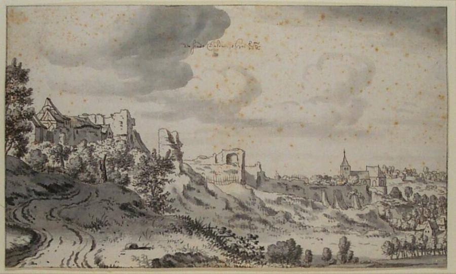 Gezicht op stadje Dalhem (tussen Luik en Maastricht), van de hoge weg, met de ruïne van het kasteel