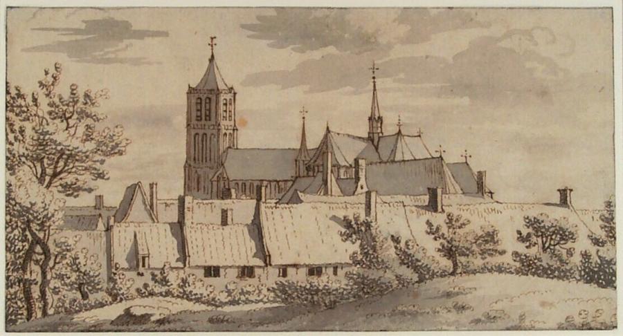 Gezicht op de Grote Kerk van het stadje Tholen vanaf het zuidoostelijk bolwerk (provincie Zeeland)