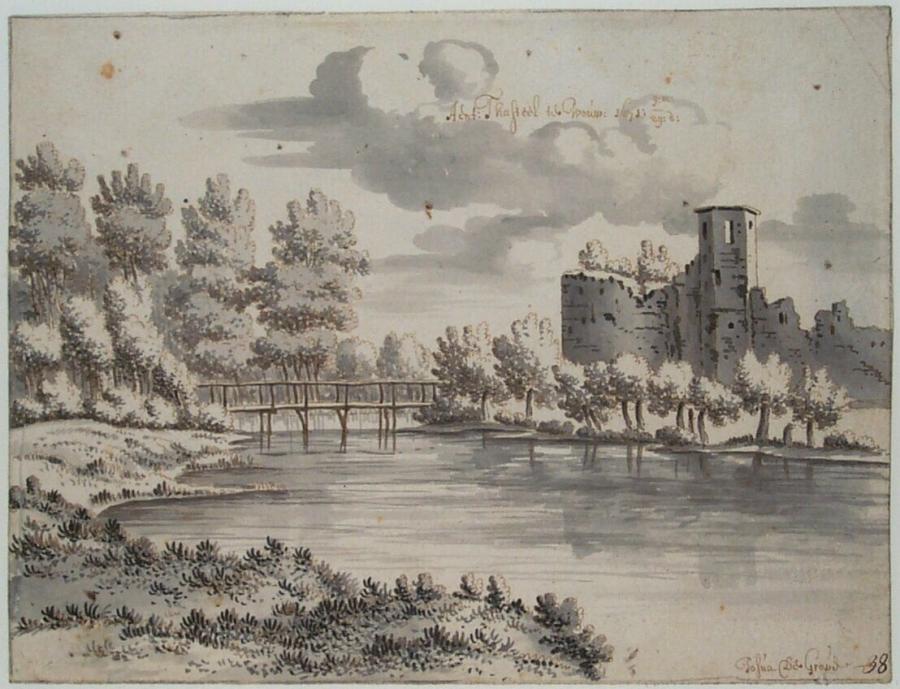 Ruïne van het kasteel te Wouw, gezien van de overzijde van de gracht (provincie Noord-Brabant)