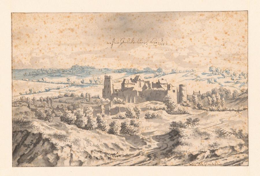 Het kasteel en een gedeelte van het dorp Valkenburg vanuit het westen (provincie Limburg)