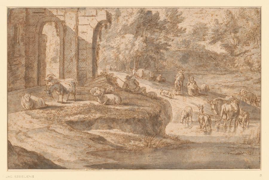 Landscape with a Herd on a River near a Ruin