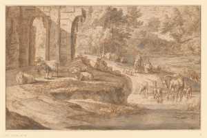 landschap-met-kudde-aan-een-rivier-bij-een-ruine