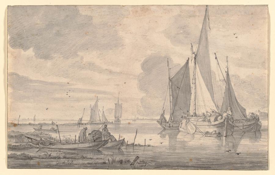 River Landscape with Saling Ships and Fisher Boats