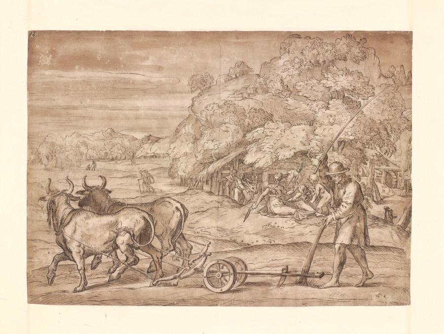 Landscape with a Ploughman Driving Two Oxen, and Women Spinning in the Background