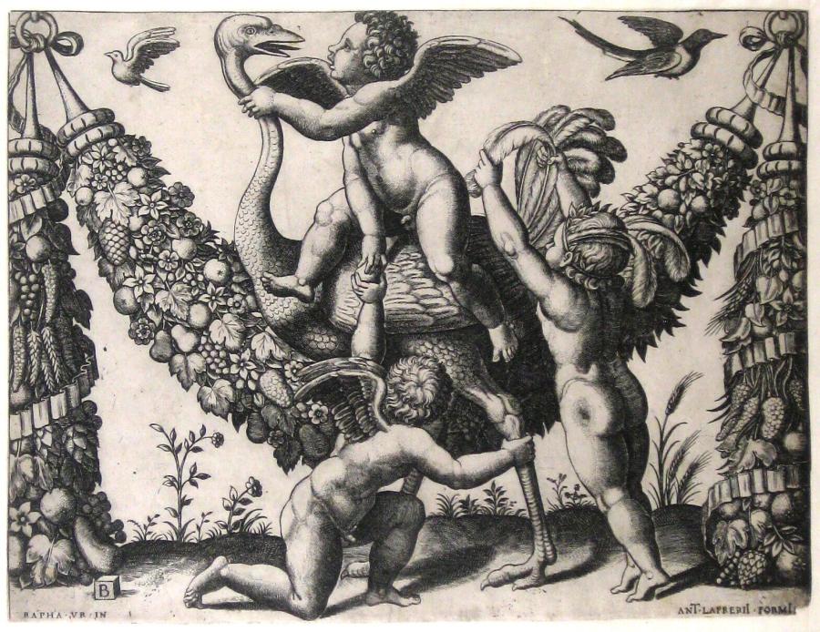 Three Putti Playing with an Ostrich