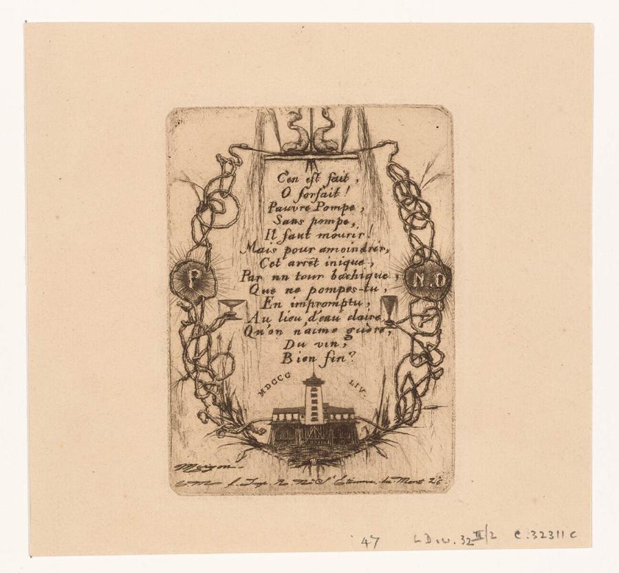 Gedicht met pompgebouw Notre-Dame en waterslangen