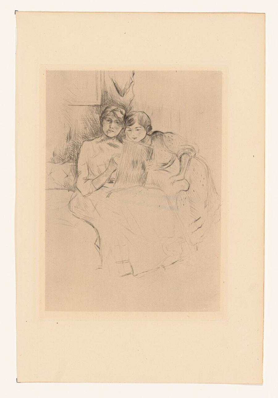Self-portrait, drawing, with her Daughter Julie Manet