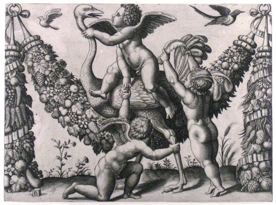 Drie putti met een struisvogel