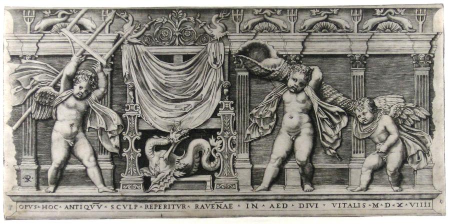 Antiek reliëf met drie cupido's