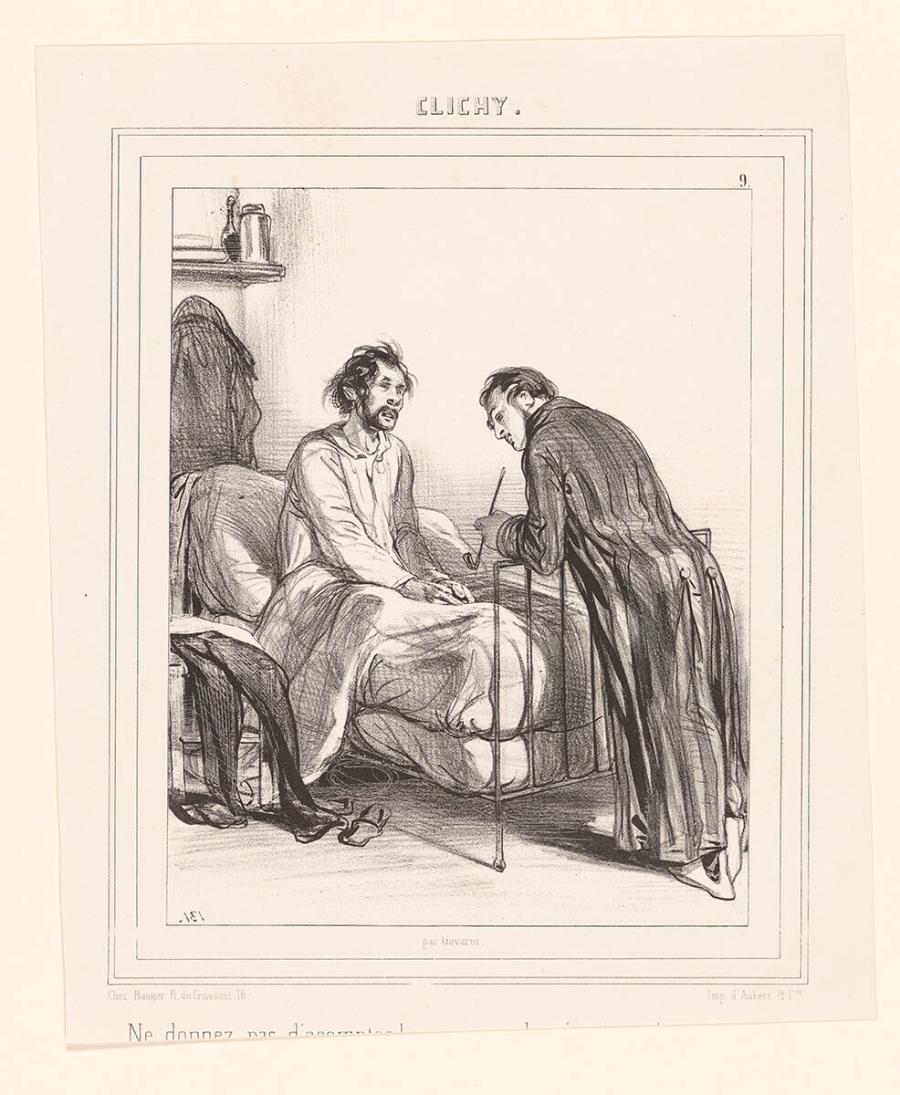 Man in bed praat met andere gevangene in elegante kledij