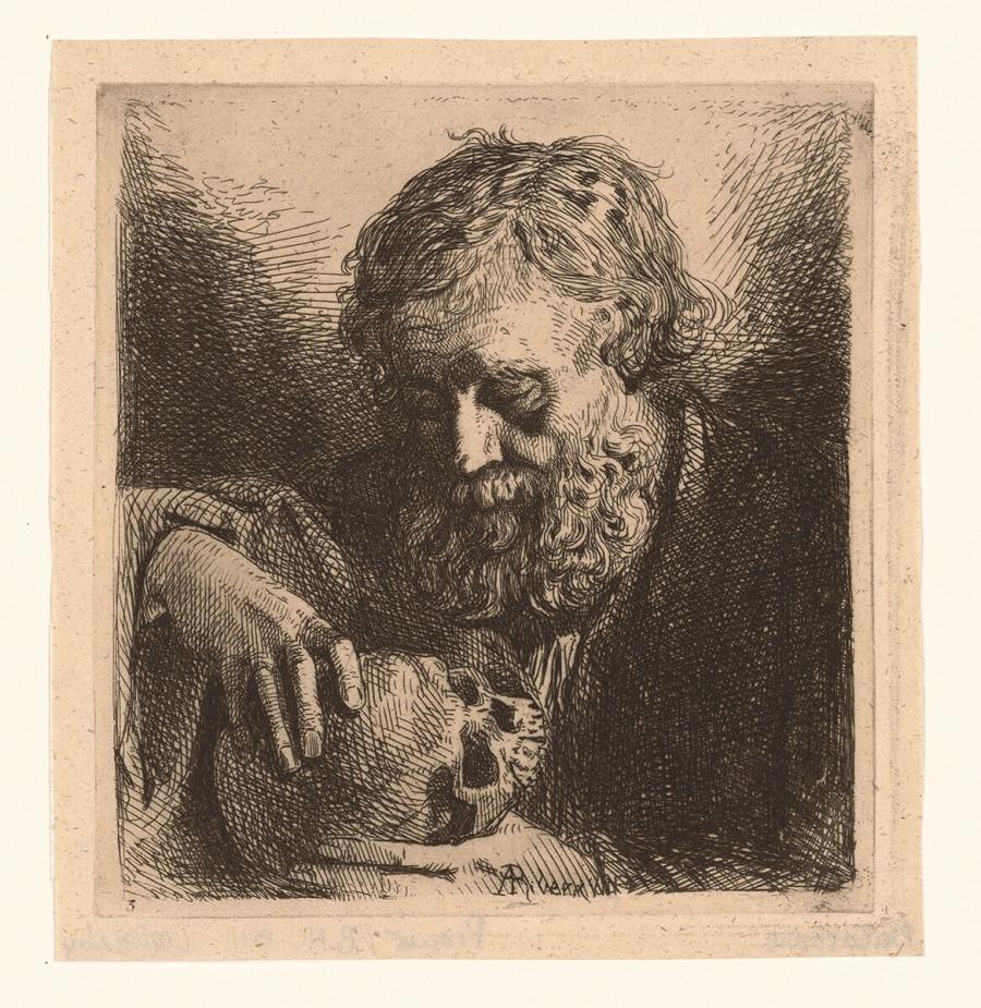 Bearded Man holding a Skull