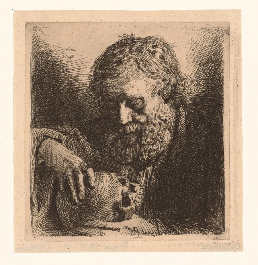 Bearded Man holding a Skull