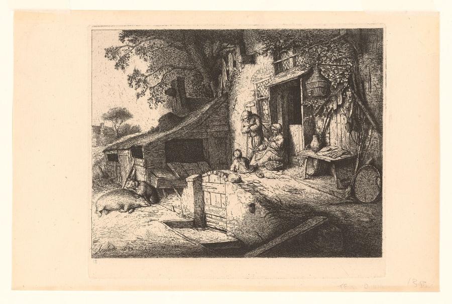 Peasant Family outside a House, the Woman spins Wool
