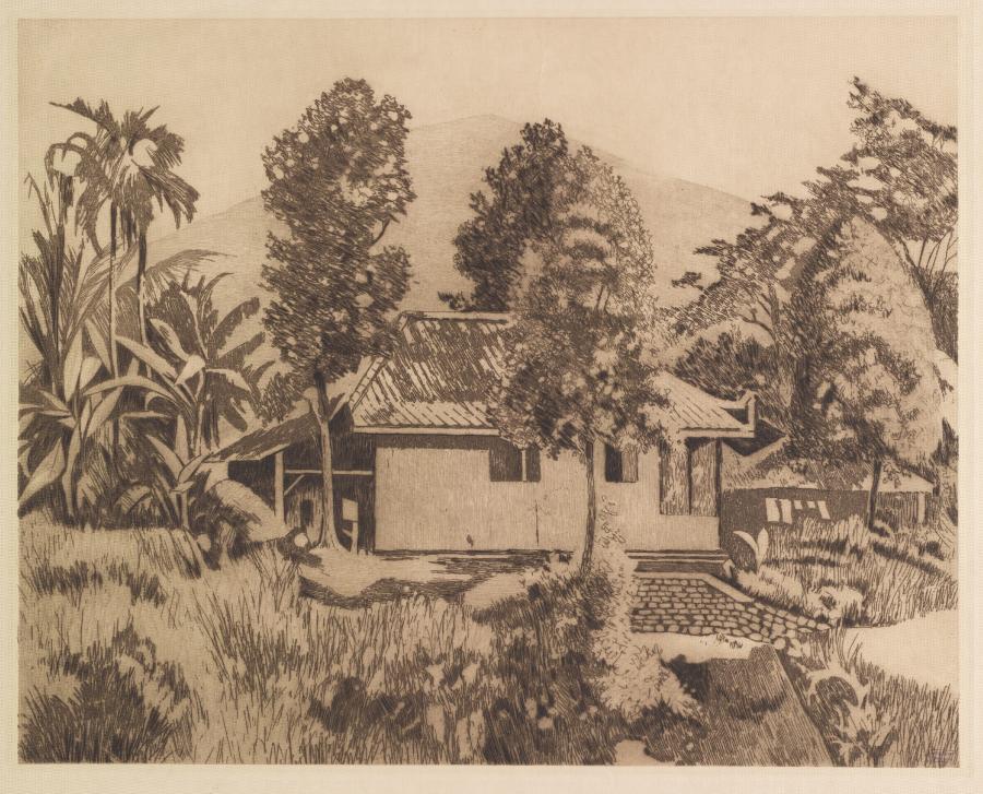 Huis met de vulkaan Salak (?) op de achtergrond, Buitenzorg