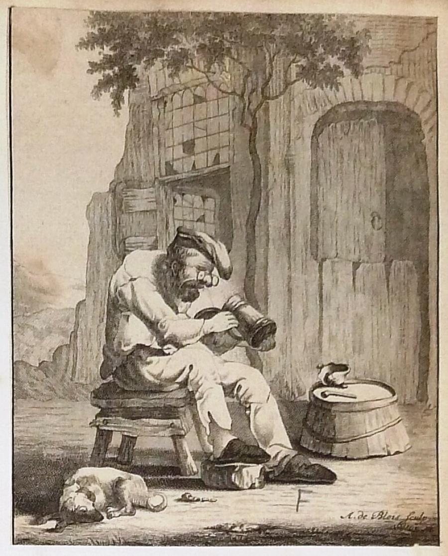 A peasant staring into an empty tankard