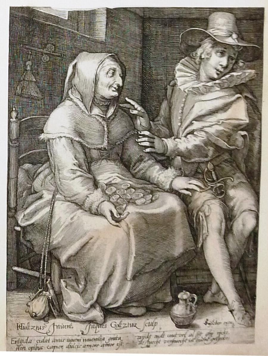 An Old Woman Offering Money to a Young Man