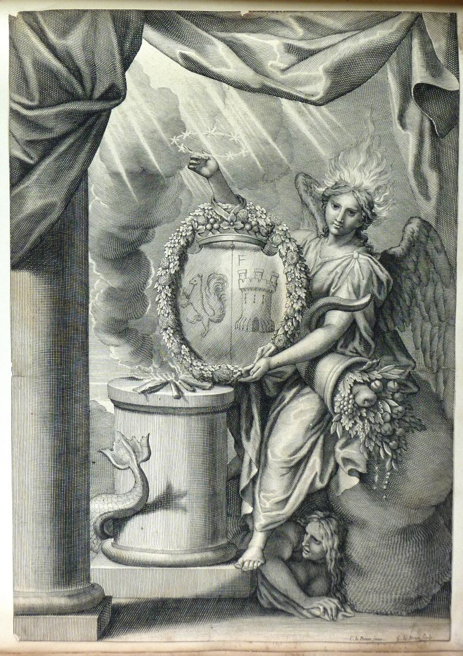 Allegorical figure with a coat of arms and a horn of plenty