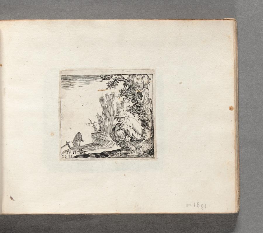 Landschap met een boer die zit te poepen en te plassen