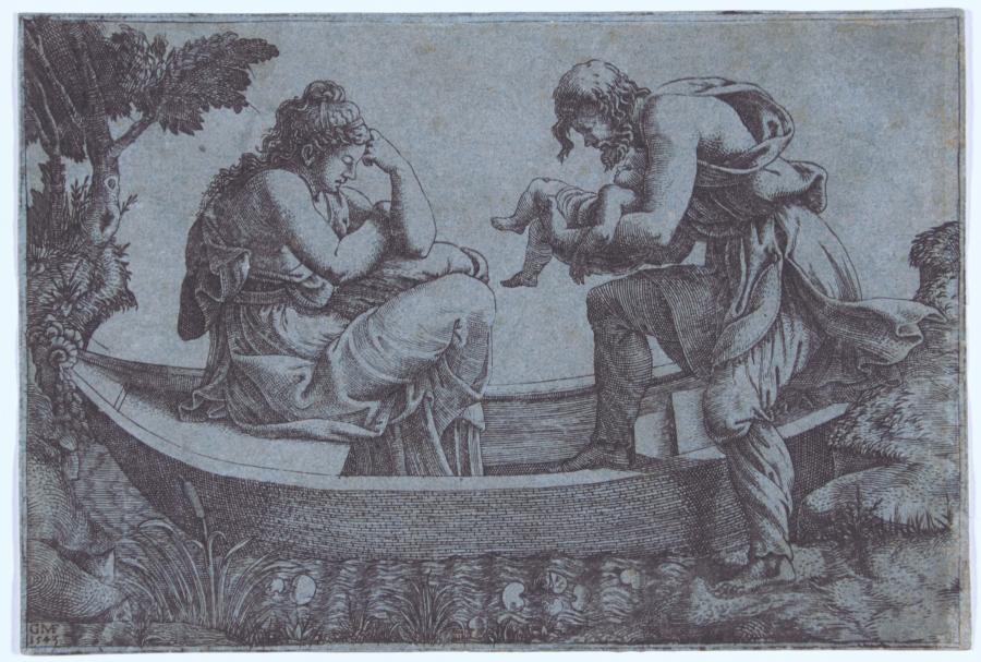 Danaë en Perseus door Acrisius in een bootje de zee opgestuurd