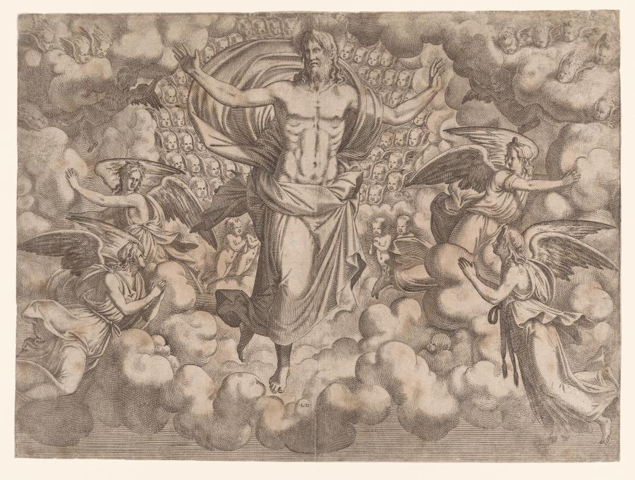 Christus in glorie aanbeden door engelen