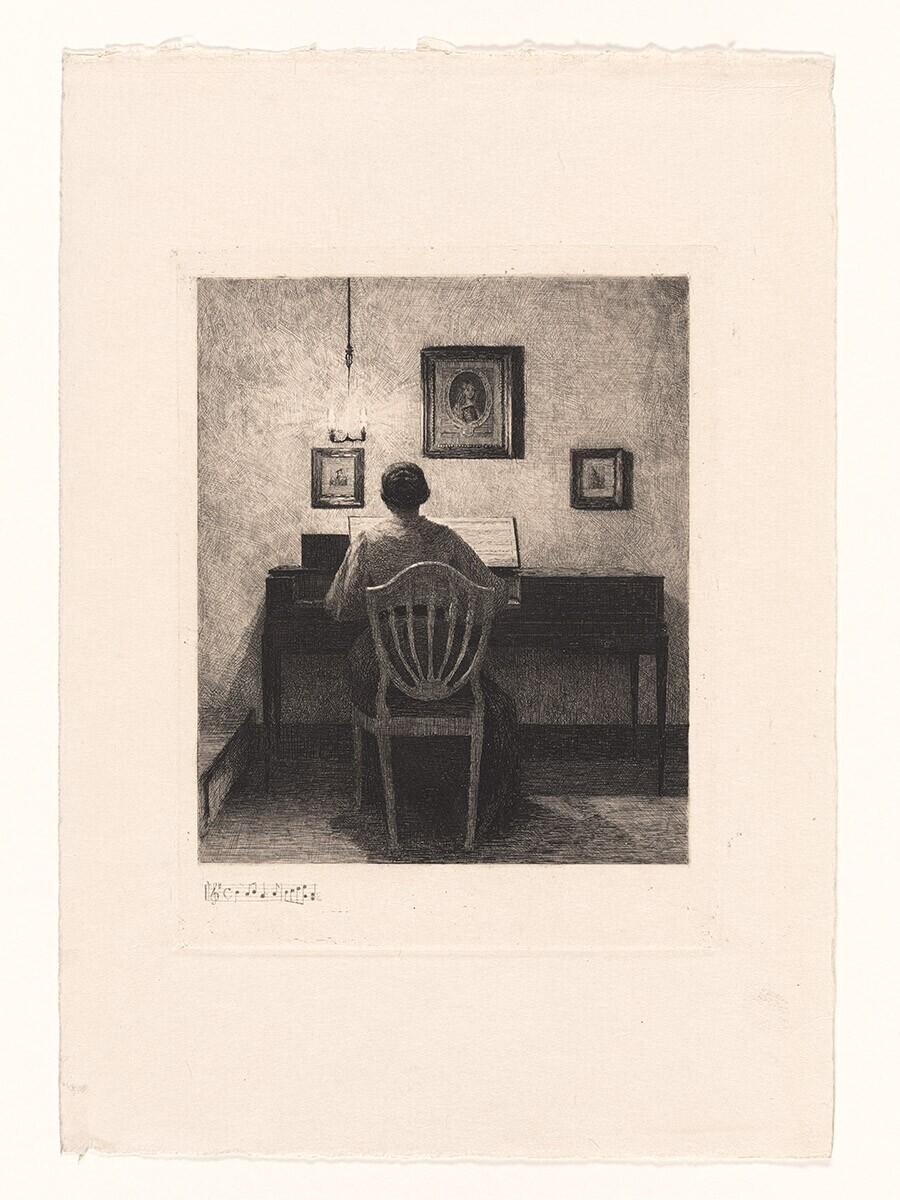 Vrouw die spinet speelt