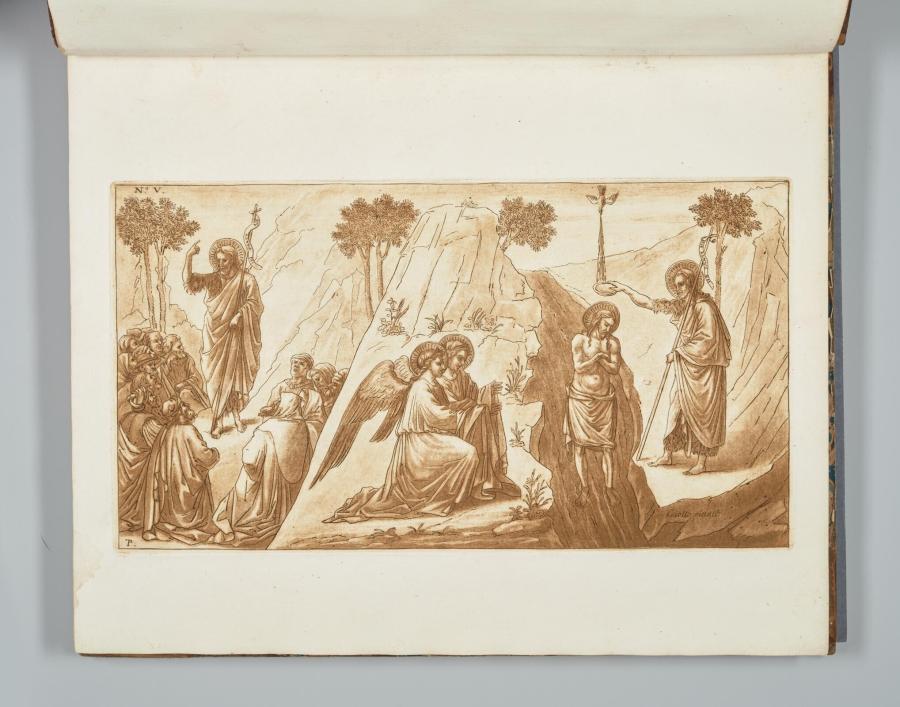 De prediking van Johannes de Doper in de woestijn en de doop van Christus uit 'Pictures of Giotto in the Church of the Carmelites'