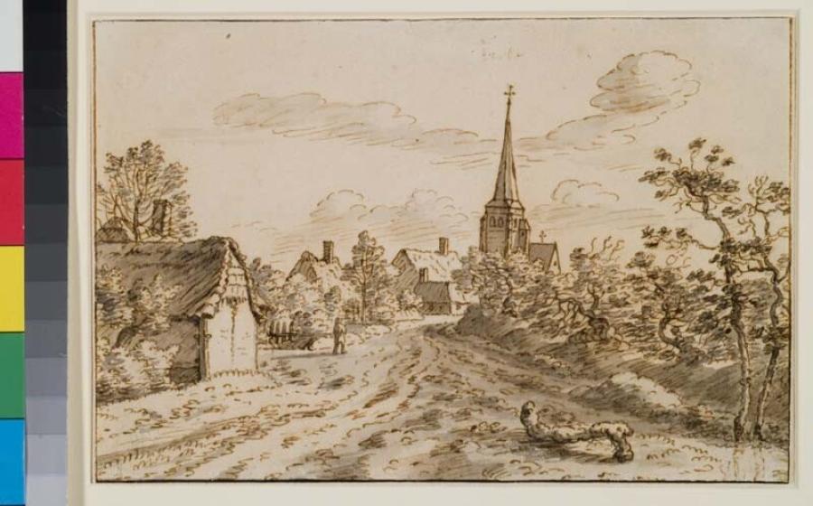 Het dorp Veerle boven Scherpenheuvel gezien vanuit het westen, met in de achtergrond de kerktoren van Onze-Lieve-Vrouw in den Wijngaard (België)
