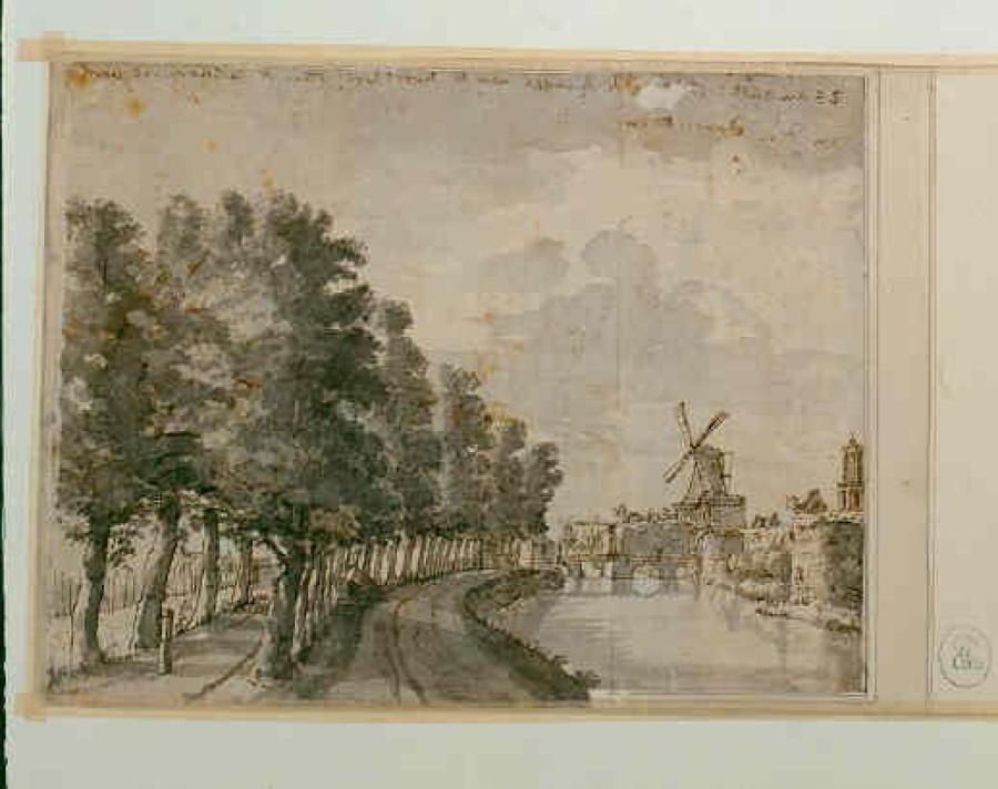 Gezicht op de Singel te Utrecht bij de Doornboom met de windmolen De Klaarwater in het verschiet