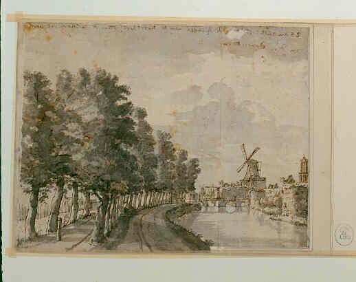 Gezicht op de Singel te Utrecht bij de Doornboom met de windmolen De Klaarwater in het verschiet
