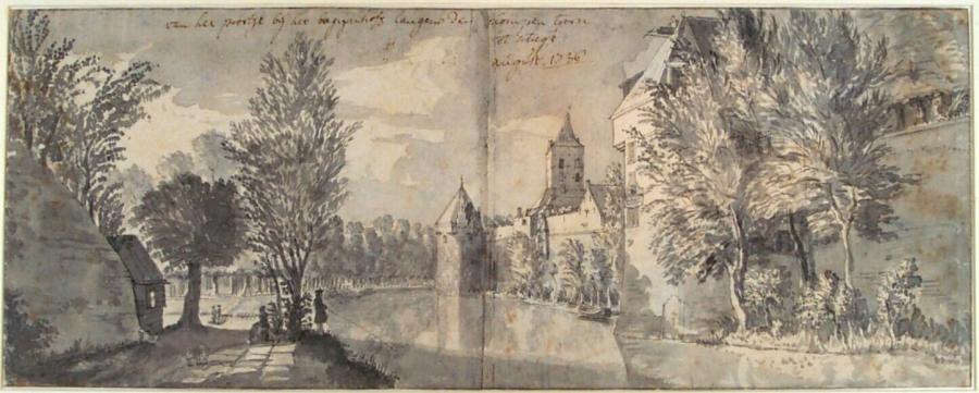 Gezicht over de stadsbuitengracht op de noordelijke Utrechtse stadsmuur, met het toegangspoortje van het Begijnebolwerk, de waltorens De Beer en De Vos en daarachter de Plompetoren