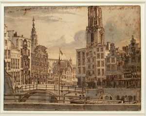 de-oudegracht-te-utrecht-bij-de-stadhuisbrug-met-de-domtoren-en-de-stadhuistoren