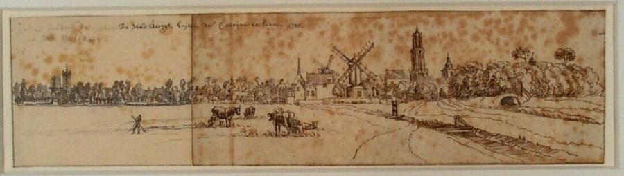 Gezicht op Utrecht vanuit het Noordwesten, met vooraan het Sint Jobsgasthuis en molen De Kat