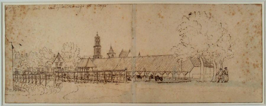 Gezicht op de manege Achter Clarenburg te Utrecht, met de Domtoren en de toren van de Buurkerk in de achtergrond