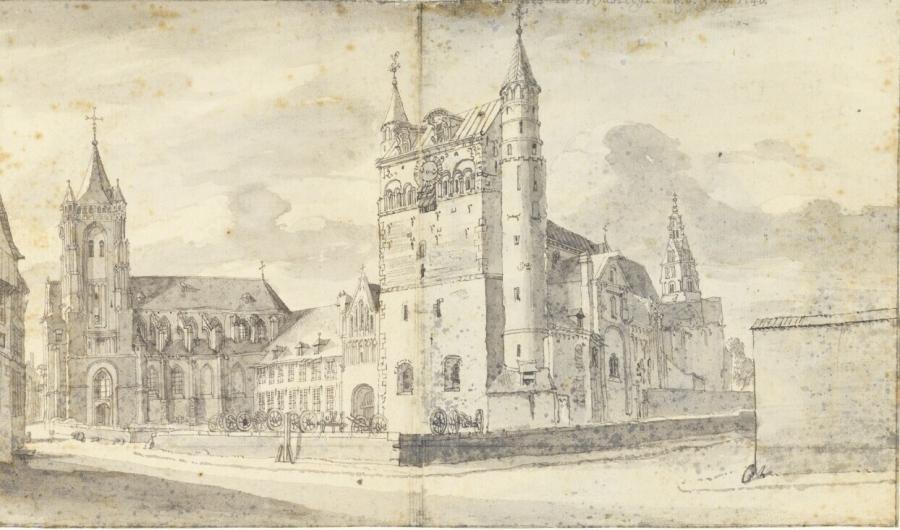 De Onze-Lieve-Vrouwekerk en de Sint-Nicolaaskerk te Maastricht vanuit het zuidwesten (provincie Limburg)