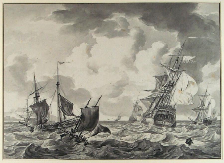 Schepen in een woelige zee aan de kust