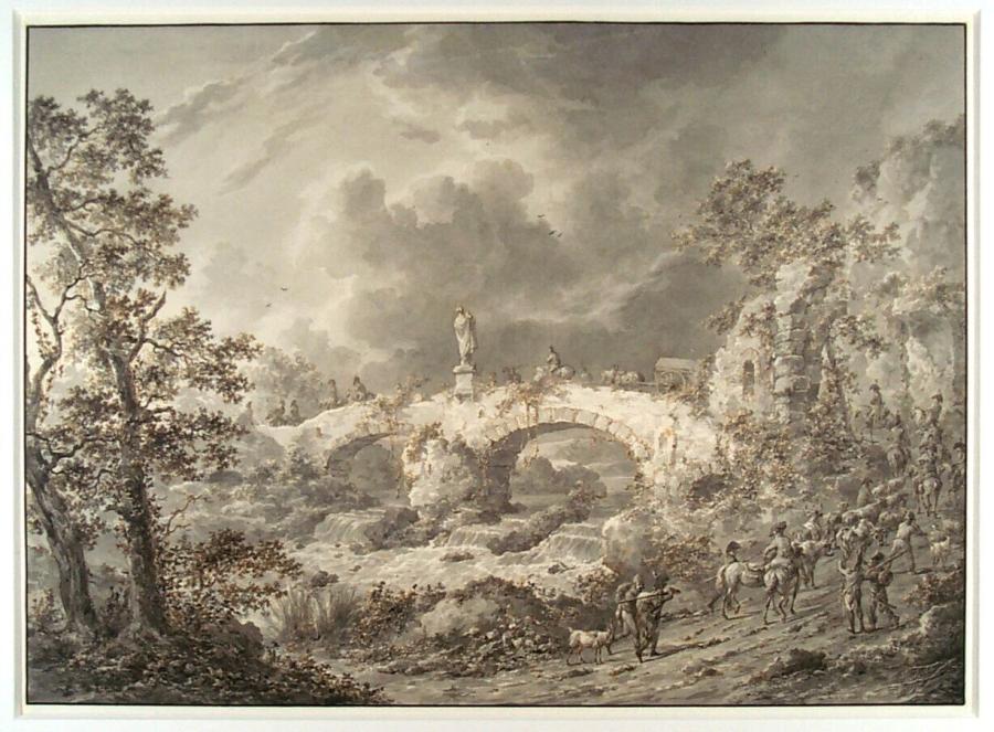 Landschap met vervallen brug en ruiters