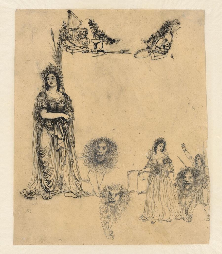 Study Sheet with Women, Lions and Musical Instruments