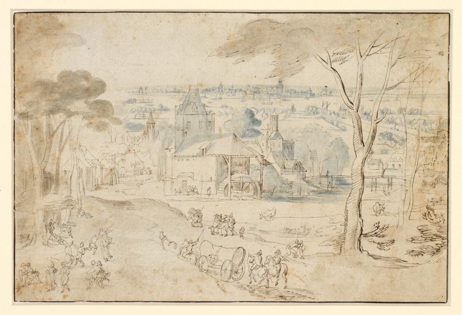 View of a Village by a River with a Watermill