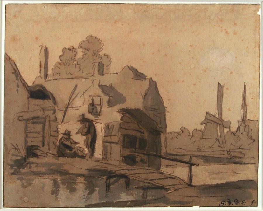 Cottages with a Bridge and a Windmill