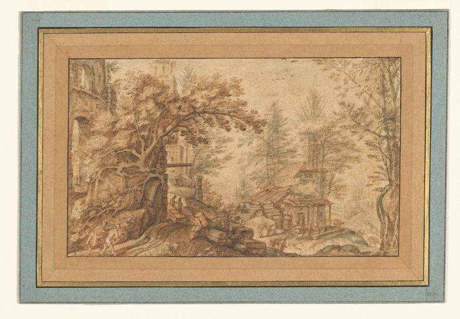 Boslandschap met reizigers en gebouwen